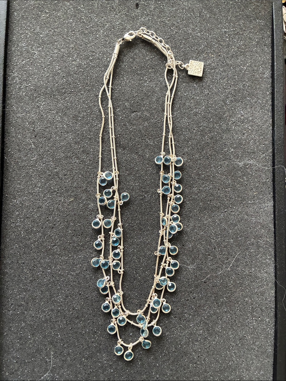 Anne Klein Silver Multi-Strand Necklace with Blue Crystal Drops